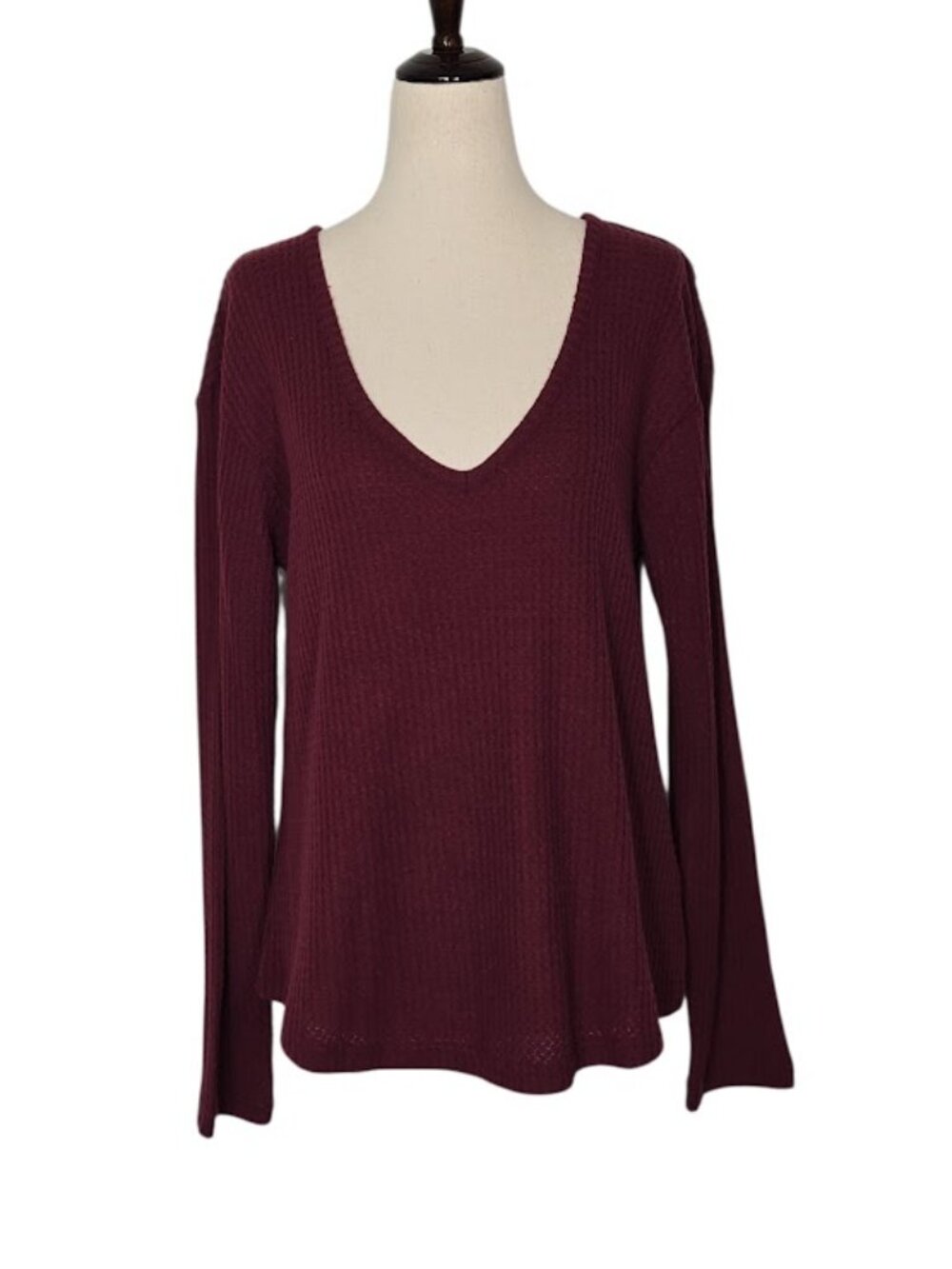 ABOUND Women's S Burgundy Thermal Knit Deep V Neck Long Sleeve Tunic Top NWOT